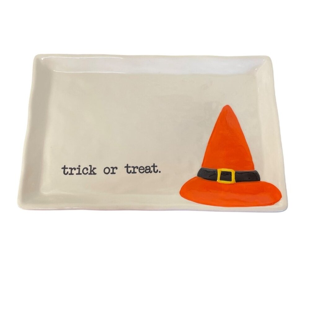 Ceramic Halloween Themed Rectangular‎ Tray With "Trick Or Treat." Witch Hat